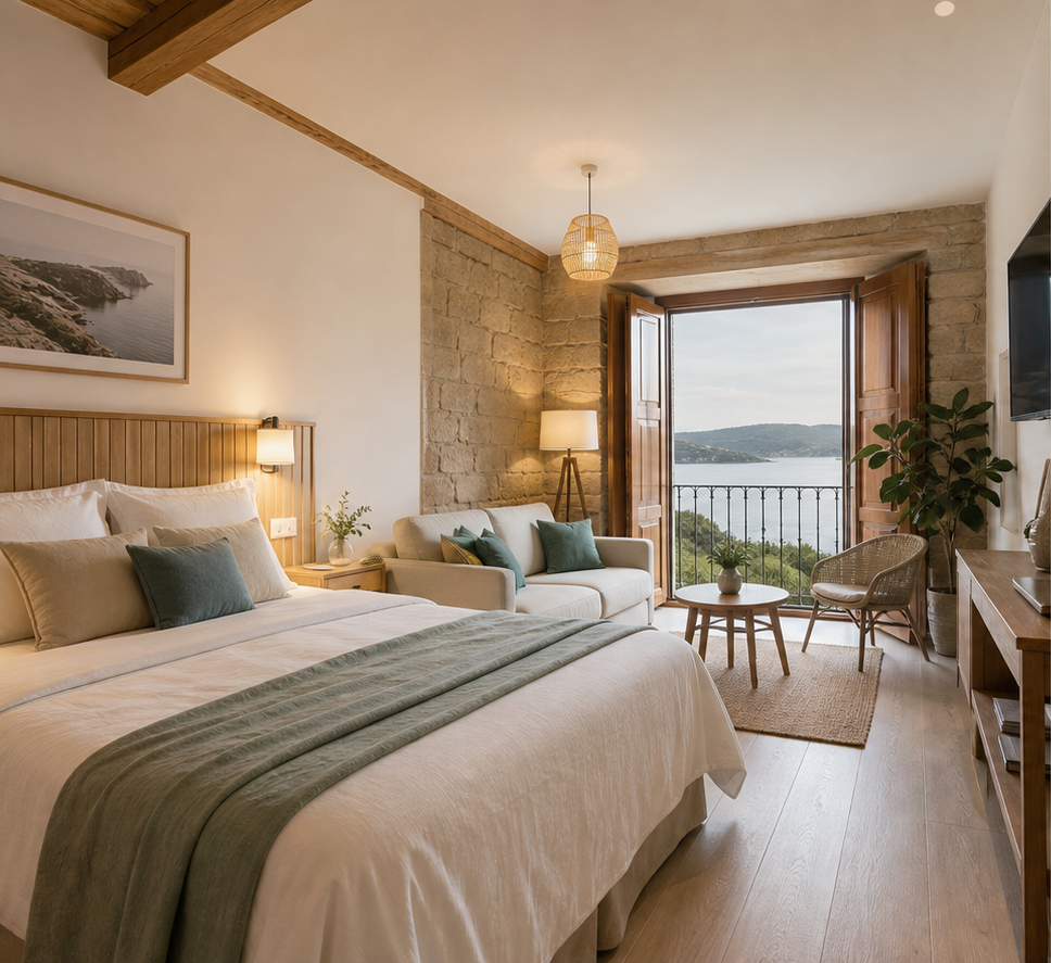 Interior luminoso de una vivienda turística preparada para huéspedes en Galicia